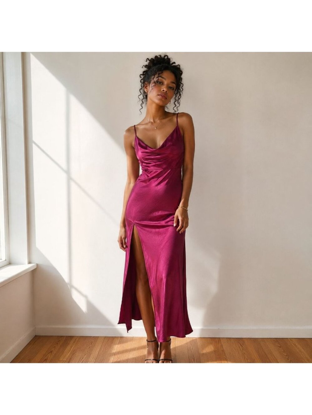 Fuchsia Homecoming Gown Satin Cowl Neck Open Back High Slit Dress S HOCO Y2K
